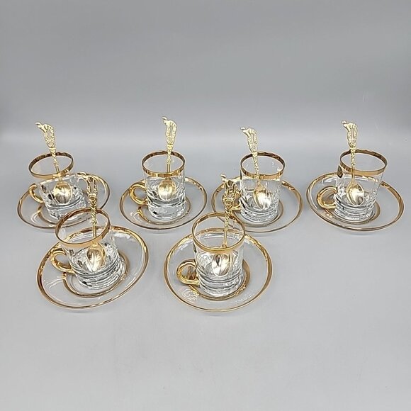 Tea Set Pasabahce Turkish Glass 6 Tea Cup Saucer Spoon Set Gold Czechoslovakia - Picture 1 of 9
